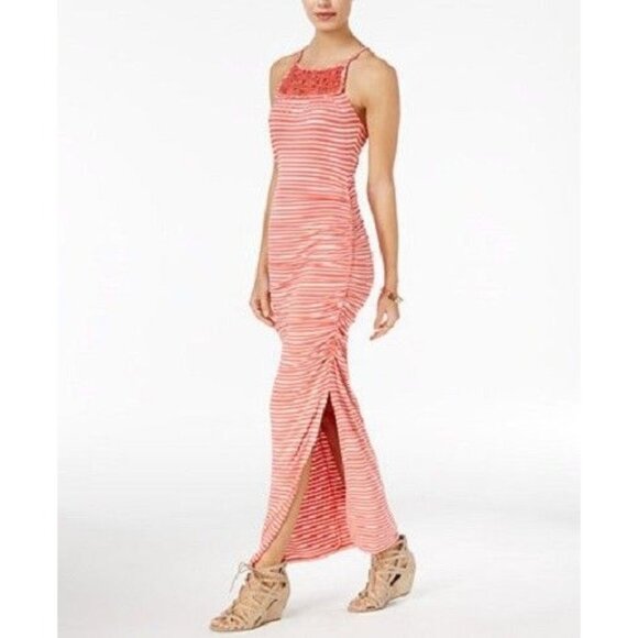 Jessica Simpson Coral/White Striped Tessanne Crochet-Trim Maxi Dress Size Large - Picture 1 of 9